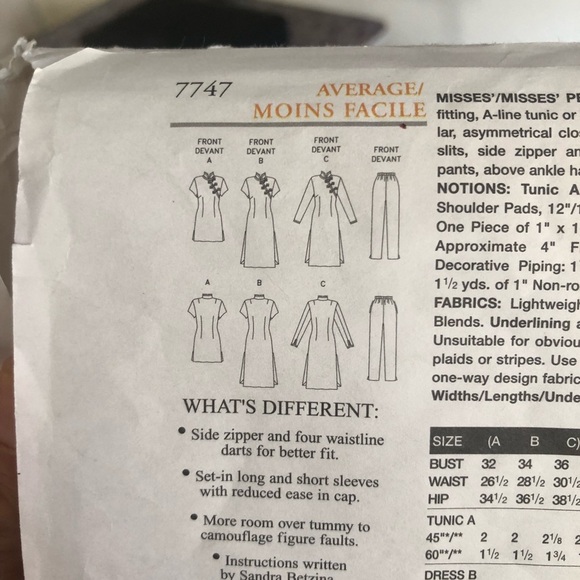 7747 VOGUE BETZINA MANDARIN TUNIC, DRESS, CROP PANTS PATTERN - sizes - D-E-F - Picture 5 of 7